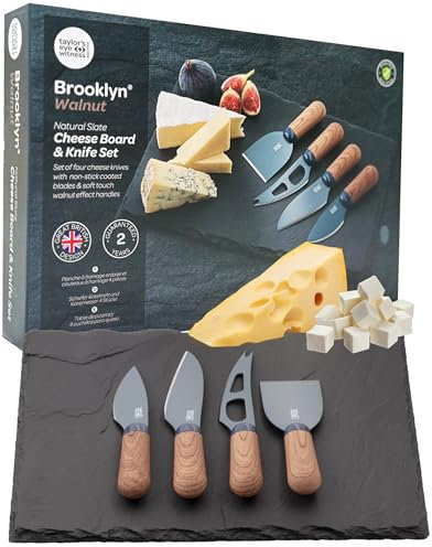 Taylors Eye Witness 4 Piece Cheese Knife & Board Set - Stylish Cheese Knives Gift Box Set. with Elegant Walnut Wood Effect, Peardrop Shape Handles & Classic Black Slate Server. 2 Year Guarantee