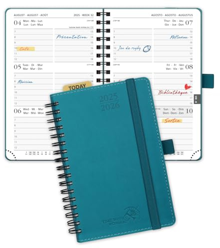 POPRUN Agenda De poche 2025 2026 Semainier 16 x 10,5 cm D'Août 2025 à Déc 2026 - A6 Petit Planner Scolaire 17 Mois, Couverture Souple Spirale, Règle et signet, Papier 80g/m², Pacifique Vert