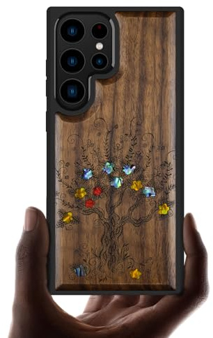 Carveit Designer Wooden Case for Samsung Galaxy S23 Ultra Case Cover [Wood Engraving & Shell Inlay] Compatible with Wireless Chargers S23 Ultra (Enchanted Blossom Tree-Walnut)