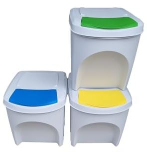 Stolmet Large Stackable Recycling Bins Set of 3x25L (Brand KrysGo) - Customizable Lids with Recycling Stickers - Waste Sorting for Home, Kitchen, Office (White + Multi Coloured)