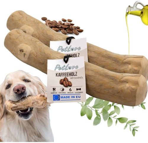 PetLove Kaffeeholz für Hunde mit Olivenöl, Kauholz XXL, 2er Pack | Natürliches Kaffeeholz mit Olivenöl, Holzknochen für große Hunde, langlebiges Kauspielzeug. ohne Koffein.