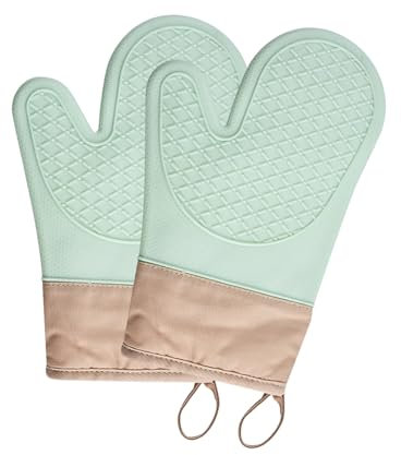 2 Pezzi Guanti da Forno in Silicone Antiscivolo Resistenti al Calore Fino a 350°C, Cotone Interno, Appendibile, Superficie Impermeabile Perfetti per la Cucina, Cucinare, Forno e Microonde(Verde)