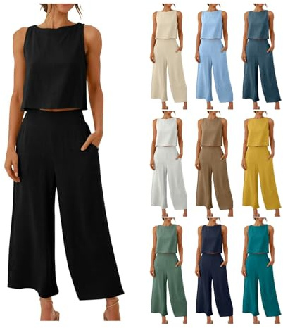 KDEIHT Musselin Hosenanzug Damen Sommer Zweiteiler Tank Top und Hose 2 Teiler Elegant Hosenanzüge Baumwolle Leinen Jogginganzug Elegant Outfit Business Casual Anzug Leicht Luftig Freizeitanzug