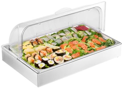 VEVOR Contenitore Espositivo per Servire Cibo da Banco, Vassoio per Servire Cibo in Acciaio Inox 1 x 1 Teglia, Espositore per Dispensatori di Condimenti a Buffet con Coperchio Trasparente per Cucine