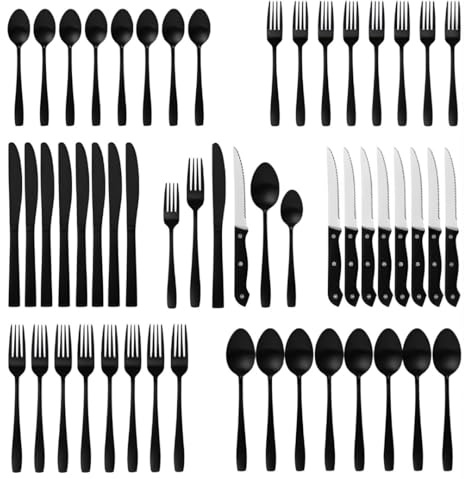 Wize Products 48-Piece Spoon, Steak Knife and Fork Sets – Black Titanium Coated, BPA-Free Stainless Steel Flatware – 8 Pieces Each – Comfortable Design,Cutlery Set