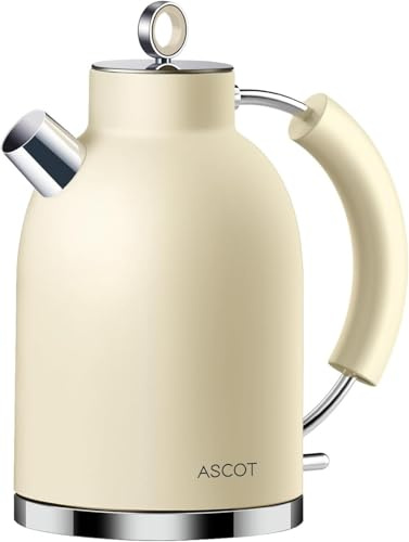 ASCOT Electric Kettle, Stainless Steel Electric Tea Kettle Premium Matte Kettle 1.5L 2200W Retro Tea Heater & Hot Water Boiler, Auto Shut-Off, Boil-Dry Protection (Matte Cream)