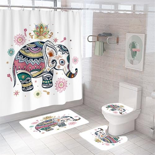 Badezimmerteppich Blumenelefant Badteppich rutschfest Waschbar Badgarnitur 4 Teilig – Badematte Set Mit Wc-Vorleger Und Badematte,Teppich Badezimmer Für Sicherheit Und Komfort Im Bad 50×80Cm