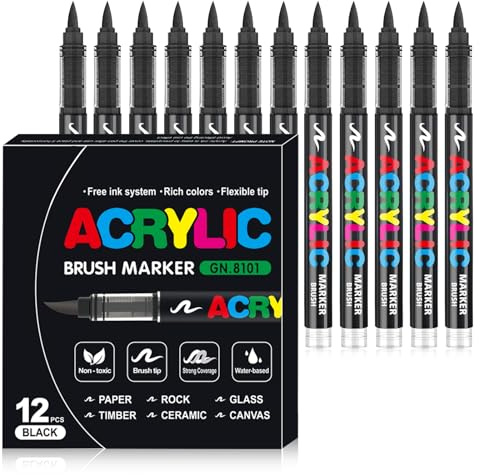 WOGOPRO Feutre Acrylique Noir, 12 Marqueur Acrylique, Liquide Direct Acrylic Paint Marker, Stylo Acrylic pour Coloriage, Calligraphie, Bois, Pierre, Toile, Céramiqu