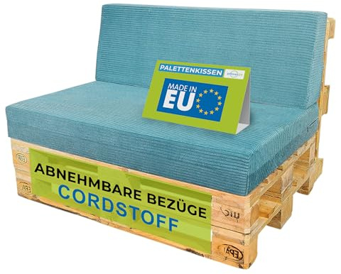 Pillows24 Palettenkissen 2er Set aus Cord, Abnehmbarer Bezug | Sitzkissen & Rückenkissen für Europaletten 120x80, Weiche Palettenauflage für Haus, Garten, Balkon, Made in EU, Hellblau