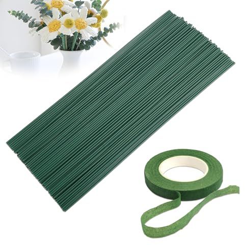 100 Stück Grüner Blumendraht 30cm, Grün Steckdraht, Blumenstamm Draht Grün, Kunststoffummantelter Steckdraht inklusive 1 Rolle Floristenband für DIY Blumenarrangements, Künstliche Blumen