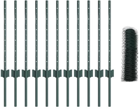 vidaXL Set de cercas de jardín hexagonal de acero pintado en verde de | Fencing metálico resistente a los UV incluye 1 rollo y múltiples postes diseño duradero para solución de cercado o delimitació