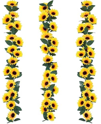 Aieraczy 3 Stück Sonnenblumen-Girlande, künstliche Sonnenblumen-Girlande, Sonnenblumen, künstliche Blumen, Gartenzaun-Dekorationen, künstliche Blumengirlanden für Außen, Balkon, Party, Hochzeit