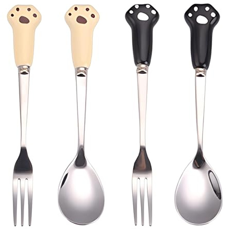 Dog Food Fork, Cat Spoon, 4-Piece Cute Cat Paw Spoon and Fork Set for Dogs and Cats, Includes 2 Spoons and 2 Forks in Beige and Black, Perfect for Feeding Wet and Dry Pet Food