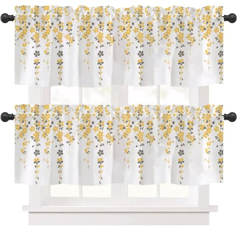 Ausing Kitchen Curtains 2er Set Flower and Leaf Printed Short Curtain Cafe Bistro Curtain Valances Balcony Bathroom, Yellow