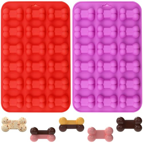 YXHZVON 2 Stück Silikon Backmatte Hundekekse, 18 Mini Hundeknochen Form, BPA-Frei, Wiederverwendbar Backunterlagein Knochenform für DIY Süßigkeiten Schokolade(Rosa+Lila)