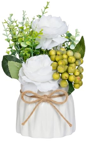 Rylae Fiori Artificiali con Vaso Ceramica, Composizione di Rose Finte in Seta e Piante Finte in Vaso, Bouquet Fiori Artificiali per Desktop Ufficio Casa Cucina Patio (Bianco)