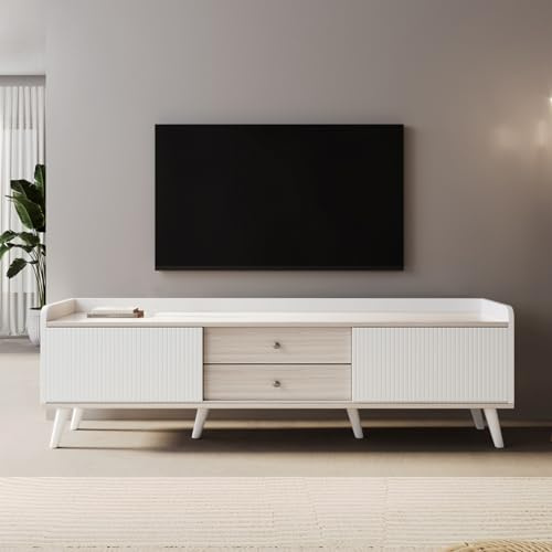 Aislinglen Armoire TV basse avec 2 tiroirs et 2 portes coulissantes, pieds en bois pour téléviseur jusqu'à 40 à 49, meuble bas debout, grand espace de rangement, 160 x 40 x 58 cm, blanc