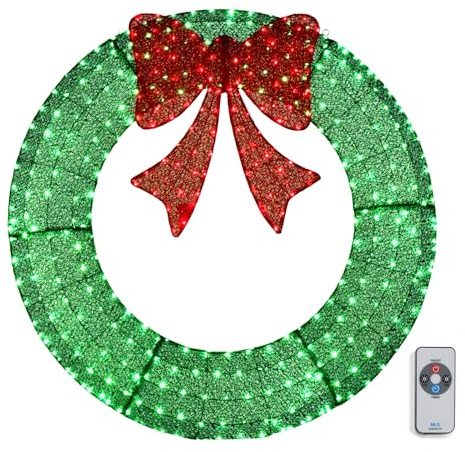 Outopee 48in Pre-lit Christmas Wreath Decoration for Indoor Outdoor | Xmas Metal Garland with 315LED, Remote Control, Red Bow, Hanging Lighted Decor for Front Door Gate Wall Window Holiday Party