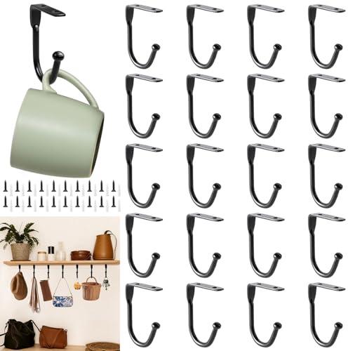 WORLUDE Tassenhaken – schwarze Tassenhaken, Tassenhaken unter dem Regal, ausgestattet mit 20 Schrauben, schwarzer Becherhalter zur Wandmontage, Metall-Becherhalter für Küchenutensilien, Aufbewahrung
