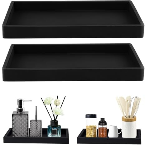 XIATIAN Bathroom Tray, 2 Pcs Bathroom Vanity Tray (Black, 20x10x2 cm) | Silicone Non-Slip Black Tray Decorative, Optimize Storage Space, Organizer for Soap Dispenser Perfume Jewelry Accessories
