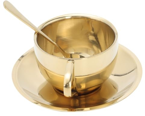 TOGEVAL Set Tazze Caffè in Acciaio Inox Oro 180ml con Cucchiaio | Stile Semplice e Decorativo, una Confezione, per Bar e Pasticcerie, Include Piattino e Finitura Oro