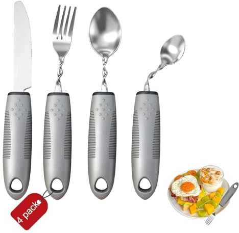 LNSYSNS 4 Piezas Cubiertos Adaptados, Utensilios de Ayuda para Comer con Mango Antideslizante, Ergonómico Set de Cubiertos Parkinson, Incluye Cucharas, Cuchillos y Tenedores, para Temblores de Manos