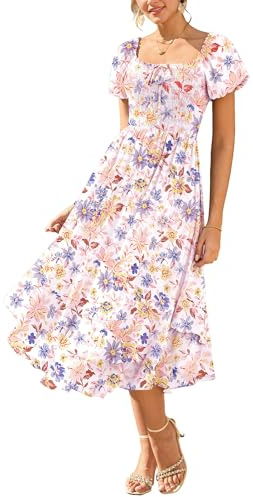 GRACE KARIN Women Summer Dress Square Neck Smocked A-line Floral Dresses | Summer Wedding Guest Dresses for Women UK Casual Elegant Puff Sleeve Maxi Dresses with Pockets