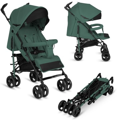 LIONELO Irma Lätt Barnvagn 6–36 Mån, Resevagn (7 kg) – Hopfällbar med en Hand, 360° Svängbara Hjul, Plant Liggläge & Justerbart Fotstöd, XXL Solskydd, Myggnät, 5-Punktssele, Stor Varukorg, Grön