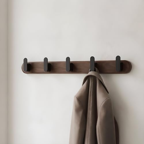 Jugen Coat Hooks Wall Mounted – Solid Black Walnut Wooden Coat Rack, 5 Matte Black Heavy Duty Hooks for Coats, Clothes & Bags, Hidden Mount Design