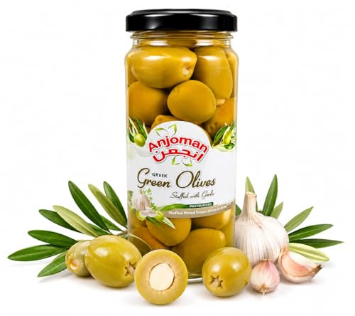Anjoman Green Olives Stuffed with Garlic Mammoth 358ml - Bold Aromatic Garlic Stuffed Olives for Mediterranean Cooking, Charcuterie & Gourmet Snacking