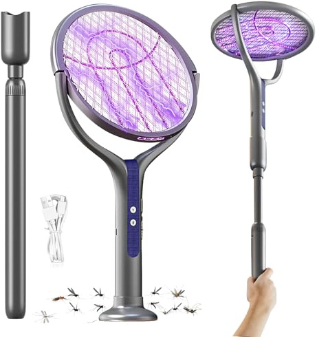 Elektrische Fliegenklatsche Ausziehbar, 2800V Fliegenfänger Elektrisch, Mückenklatsche mit UV Licht, 90° Drehbarer Kopf, USB-C Aufladung, Sicheres Schutznetz, Fliegenfalle Elektrisch