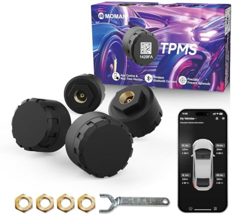 MOMAN TPMS Sistema Monitorización Presión Neumáticos Bluetooth 4 Sensores | ensor presión neumáticos coche, monitoreo Bluetooth con app, alarma temperatura, datos en tiempo real, autocaravana