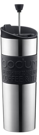 BODUM Insulated Stainless-Steel Travel French Press Coffee And Tea Mug, 0.45-Liter, 15-Ounce, Black