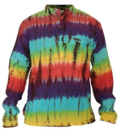 SHOPOHOLIC FASHION Herr batikfärgad hippie farfar skjortor handgjord bomull vardaglig långärmad boho-skjorta, Parallell regnbåge, L