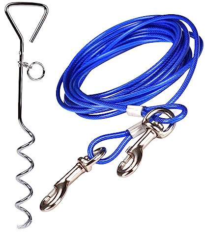 16ft(5M) Dog Tie Out Cable with 18 Spiral Ground Stake, Blue | Outdoor Yard and Camping, Small to Medium Dogs