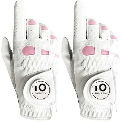 FINGER TEN Golfhandschuhe Damen Links Rechts Golfhandschuh Mit Ball Marker Golf Handschuh Wert 1 2 Stück Cabretta Leder Griff Linke Rechte Hand Weicher Komfort Passform Größe S M L XL