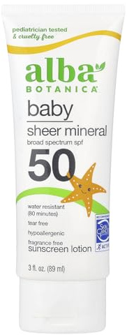 Alba Botanica Baby Sunscreen for Face and Body, Sheer Mineral Sunscreen Lotion, Broad Spectrum SPF 50, Water Resistant and Fragrance-Free, 3 Fl Oz (Packaging May Vary)