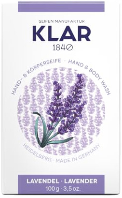 Klar Seifen Lavendelseife 100g, Cosmos zertifiziert, palmölfrei, geeignet für normale Haut, Seife 10982 | Seife mit beruhigendem Lavendelduft, palmölfrei und Cosmos-zertifiziert, für normale Haut geeignet und angenehm pflegend.