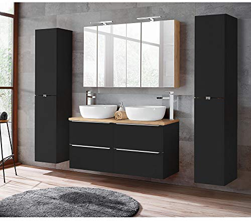 Lomadox Badmöbel Set 120 cm Doppel-Waschtisch inkl. 2 Aufsatzwaschbecken, 2 Spiegelschränke, 2 Hochschränke, seidenmatt anthrazit & Wotaneiche