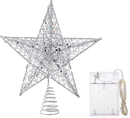 SOLUSTRE Metall Weihnachtsbaumspitze 20cm LED Weihnachtsstern Beleuchtet Weihnachten Beleuchtung mit Lichterkette Christbaumspitze Baumspitze Baumschmuck Spitze Weihnachtsbaum Stern Xmas Deko