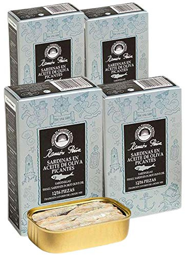 Sardinas en Aceite de Oliva Ramon Peña 12/16 Piezas- Sardinas con un toque picante - La Autentica Sardinilla del Cantábrico Seleccionadas y Elaboradas a Mano (4 Latas de Sardinas Picante)