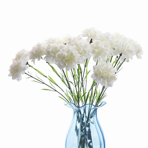 Rikyo 10 Blumenstrauß aus künstlichen Seidennelken, einzelner Blütenkopf, 50,8 cm, Blumenstrauß und grünes Blatt für Heimdekoration, Brautschmuck, Hochzeit, Blumendekoration (weiß)