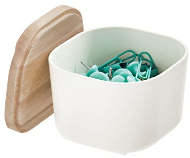 iDesign Schubladenbox, kompakte Regalbox aus BPA-freiem, recyceltem Kunststoff, Schubladen Organizer Box mit Deckel aus Paulownia-Holz, weiß, 7,1 x 9,1 x 9,1 cm, 08031