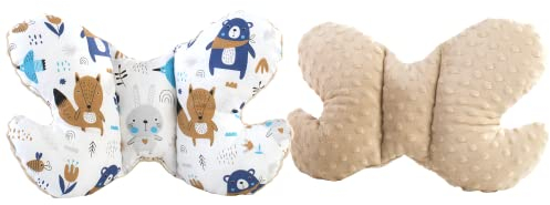 Medi Partners KOPFKISSEN Kinder Nacken Nackenstütze 100% Baumwolle/Minky Baby Nackenhörnchen für Auto Kinderwagen autofahrt Reisen Schlaf Hals Kissen Schlummerrolle (Boho Animals mit beige Minky)