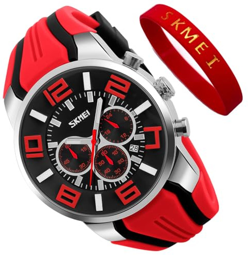 SKMEI Herren-Armbanduhr, Silikonband, wasserdicht, sportlich, lässig, großes Zifferblatt, Chronograph, luxuriös, leuchtend, analog, Quarz, Schwarz, G9128red, modisch