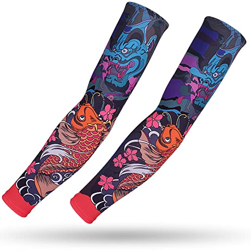 DETUCK Tattoo Ärmel Ärmlinge Arm Ärmel, Armwärmer Sleeves UV Sonnenschutz Armstulpen, Arm Sleeves Kühlung UPF 50+, Kompressions Tattoo Cover Armstulpen (ein Paar) (Roter Karpfen, L)
