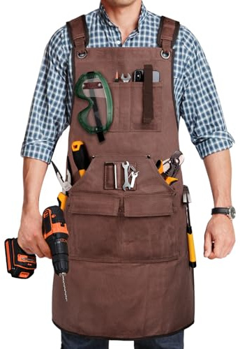 UUP Holzbearbeitungsschürze für Herren, 590 ml, Arbeitsschürze für Männer mit 9 Werkzeugtaschen, strapazierfähig, gewachste Segeltuchschürze, Braun