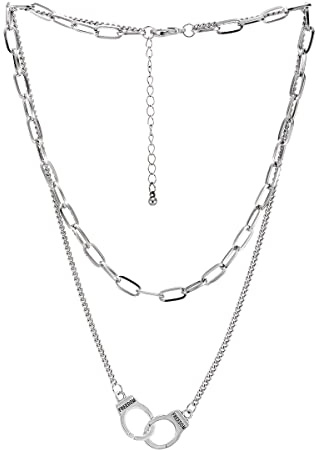 COOLSTEELANDBEYOND Hipster Damen Handschellen Halskette Zwei Strang Rolo Kette Ovalen Gliederkette Silber Farbe, Hip Hop Collier, Punk Rock