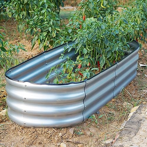 Gr8 Garden Outdoor Raised Planter Pot Metal Steel Vegetable Flower Herb Grow Bed Box (120cm x 61cm x 30cm, Oval Galvanised Steel)