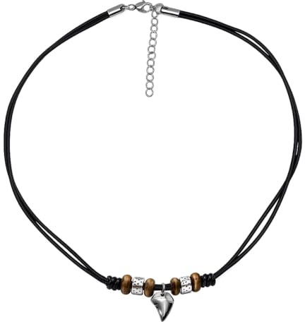Soul-Cats Leder Halskette mit Zahn Anhänger aus Edelstahl – Ethno & Surfer Kette im Boho-Look, 45 + 5 cm, Damen & Herren